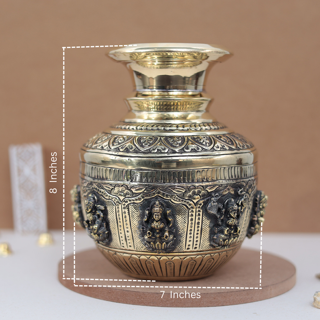 Pure Brass Ashta Lakshmi Kalash (Sacred Vessel) In 8 Inches