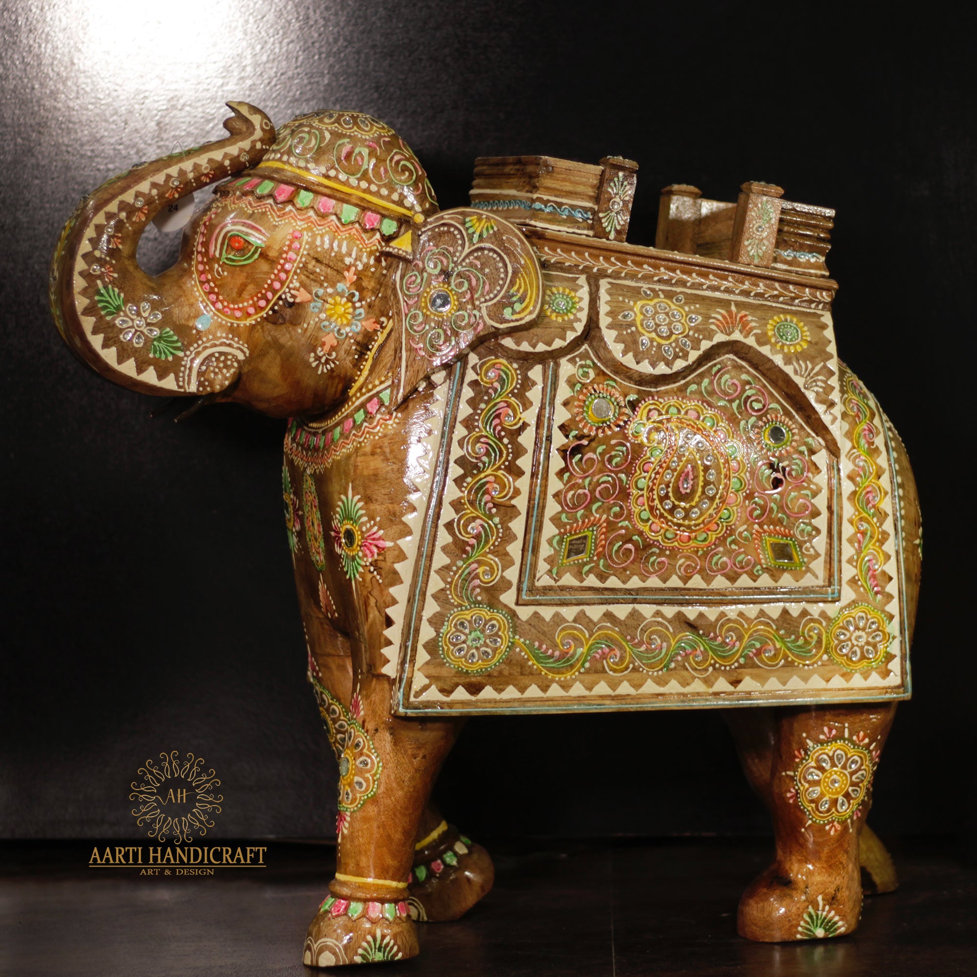 Antique Rajasthani Hand Painted Mirror Work Wooden Elephant With Table Top