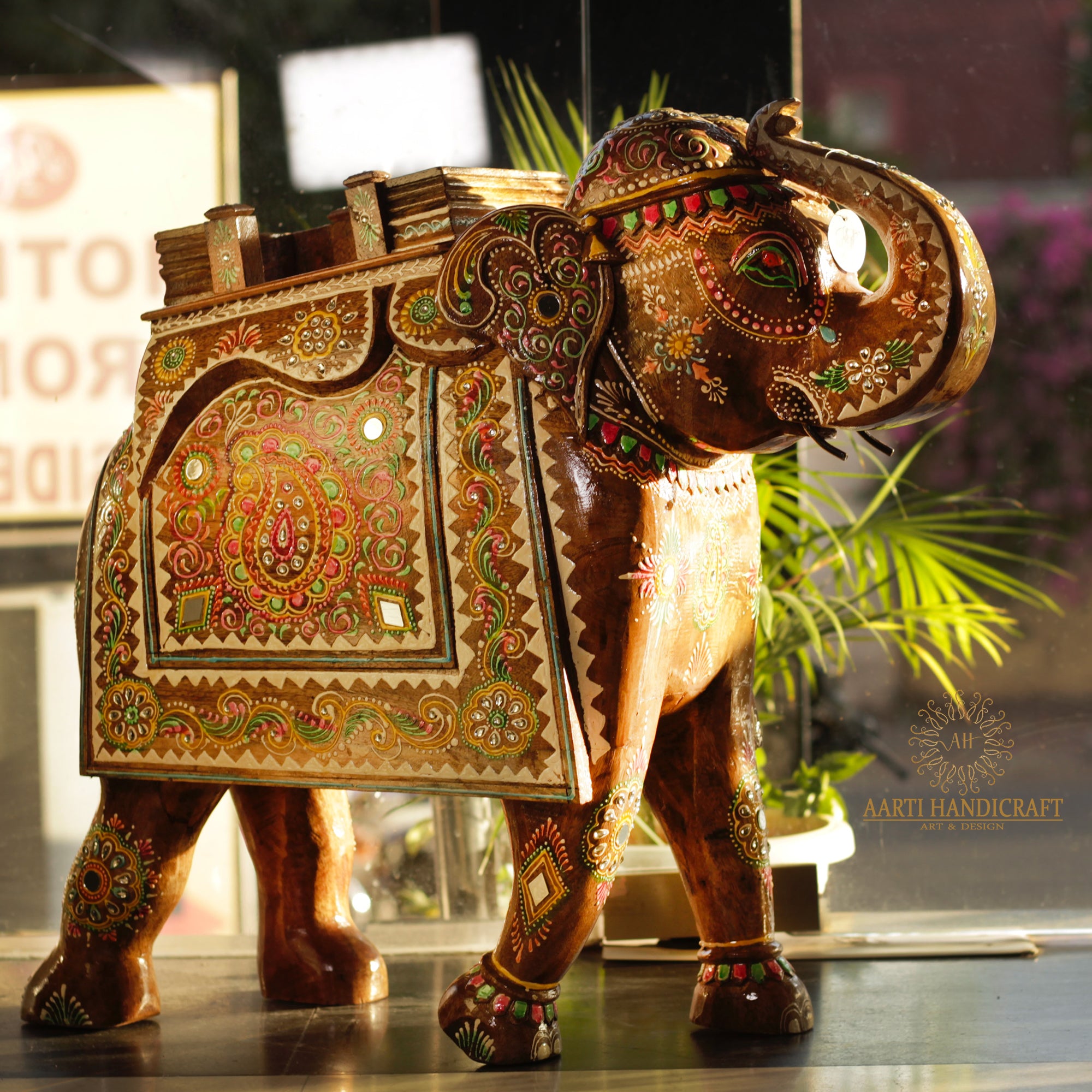 Antique Rajasthani Hand Painted Mirror Work Wooden Elephant With Table Top