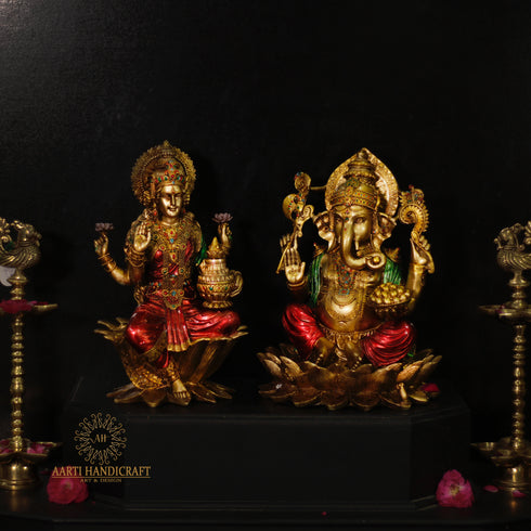 12" Beautifully Crafted Lakshmi Ganesh Pair In Antique Look