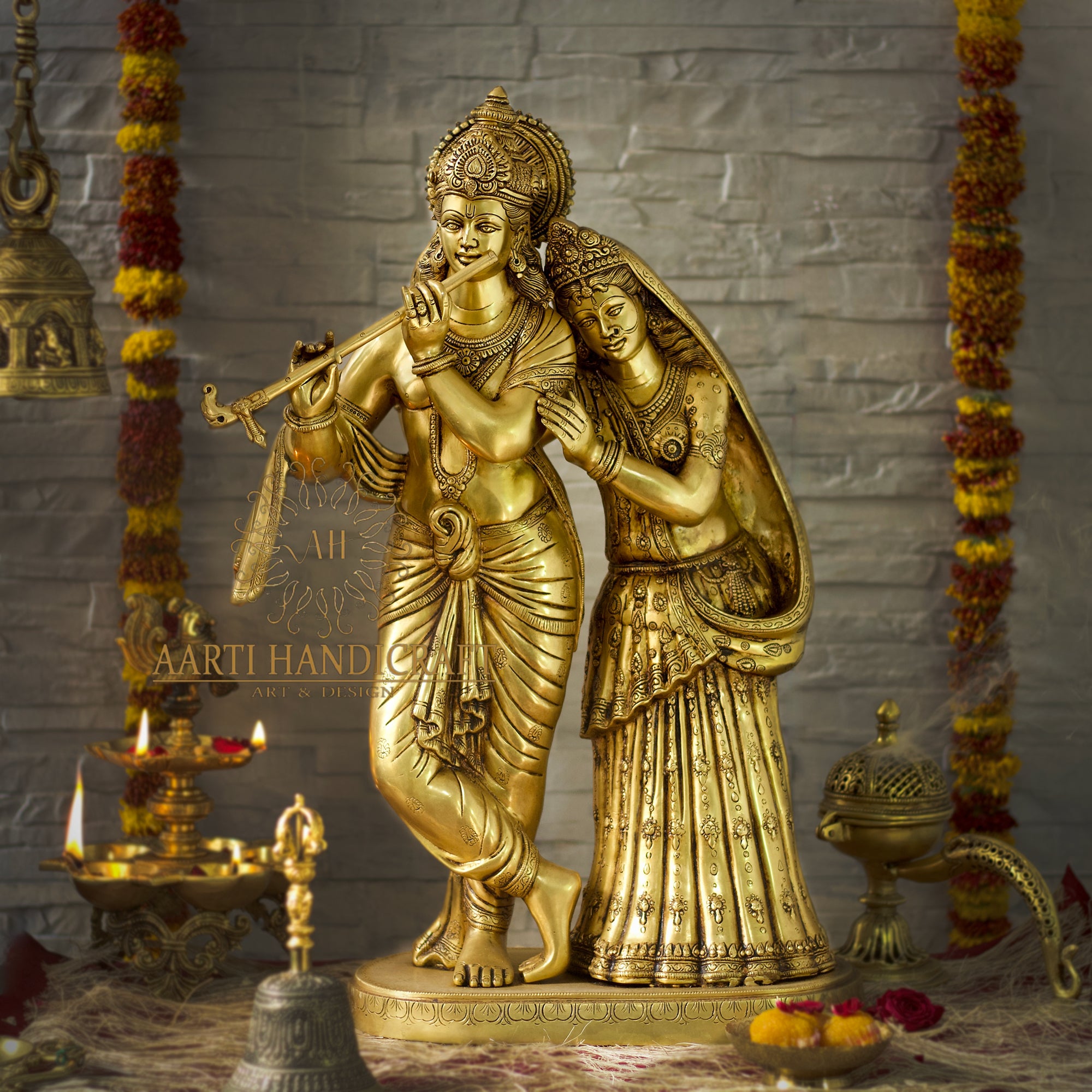 Romantic Brass Radha krishna Pair In Tribhanga Posture - Symbol of Love In Inch