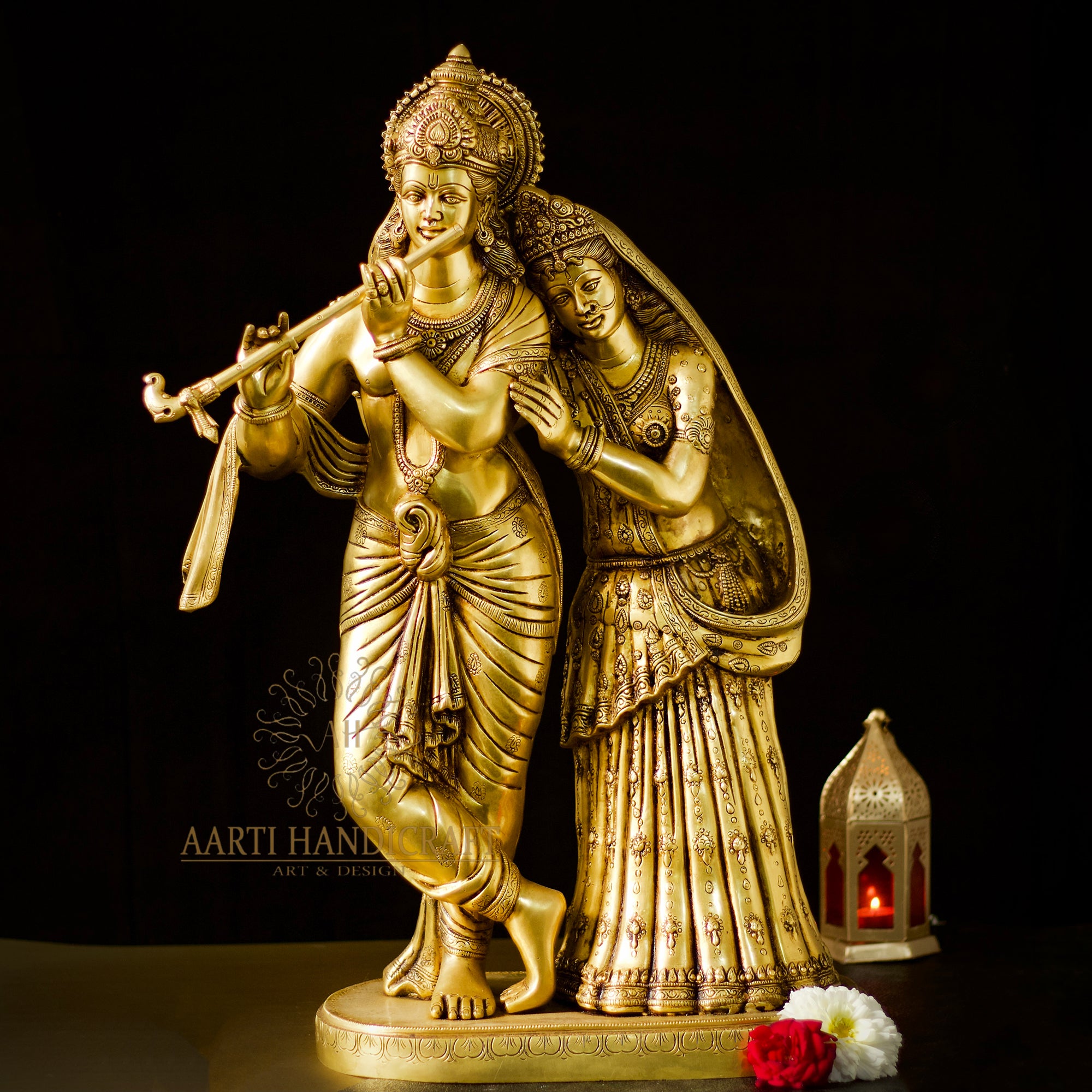 Romantic Brass Radha krishna Pair In Tribhanga Posture - Symbol of Love In Inch