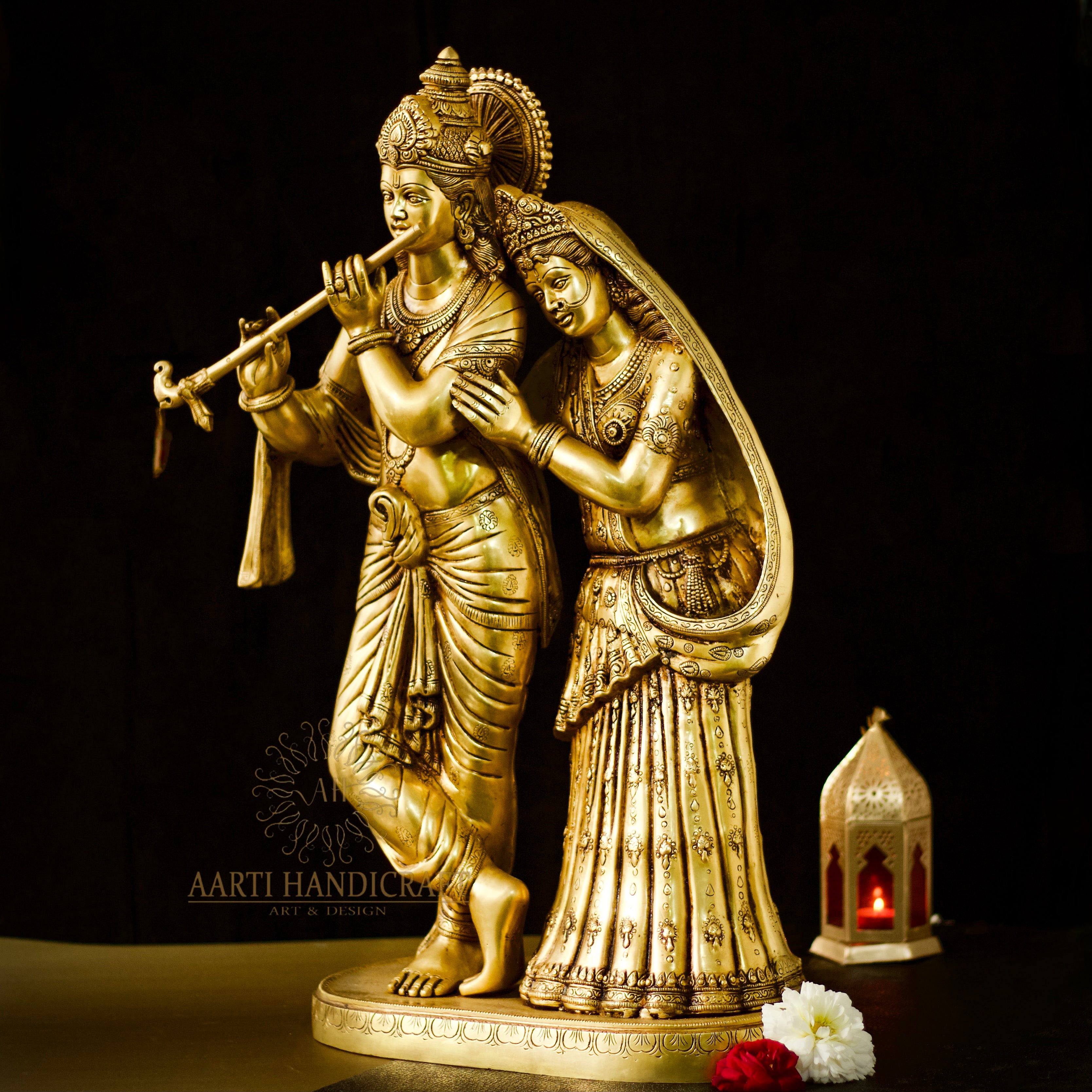 Romantic Brass Radha krishna Pair In Tribhanga Posture - Symbol of Love In Inch