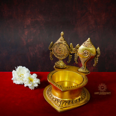 Divine Shankh Chakra Brass Diya With Single Burner | 5 Inch