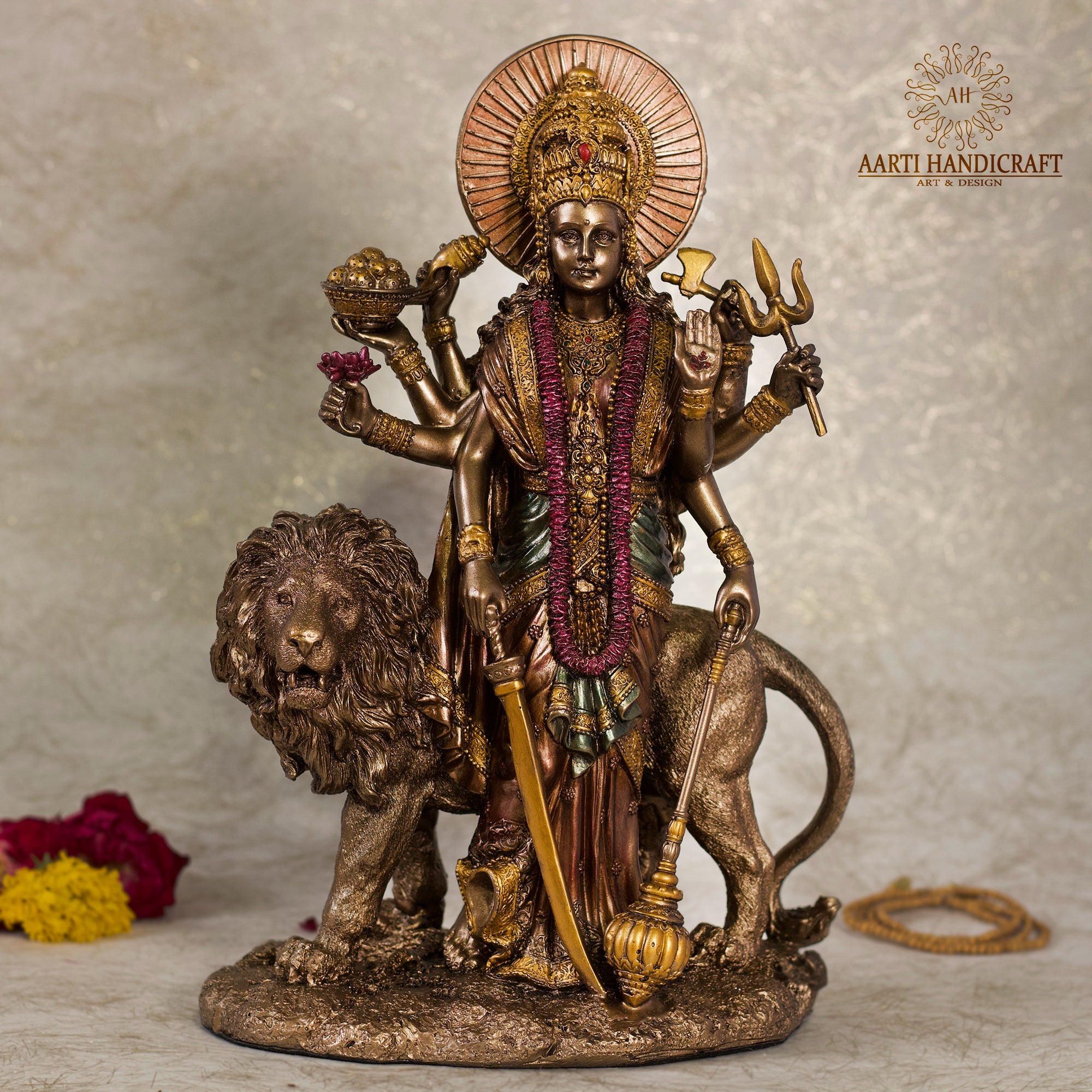 11" Goddess Durga Idol In Copper Finish