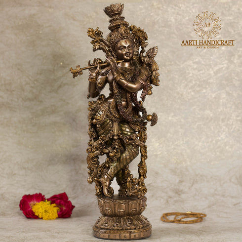 15" Attractive Shri Krishna Figurine | Copper Finish