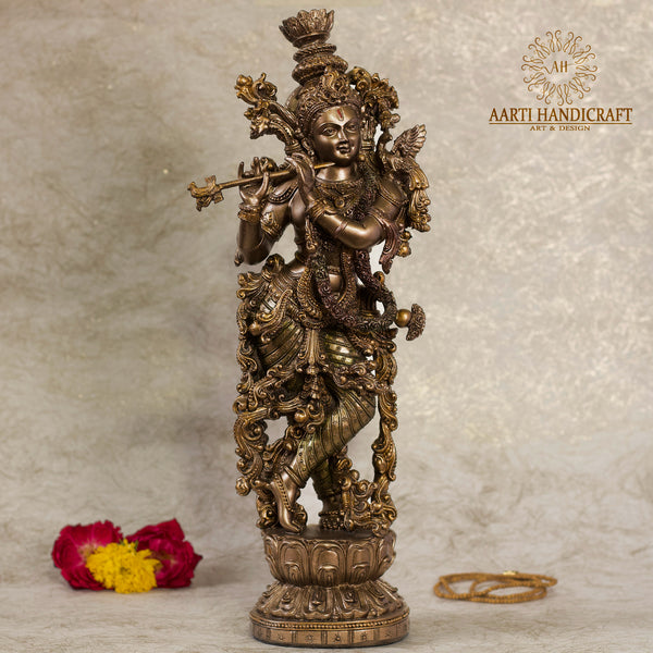 15" Attractive Shri Krishna Figurine | Copper Finish