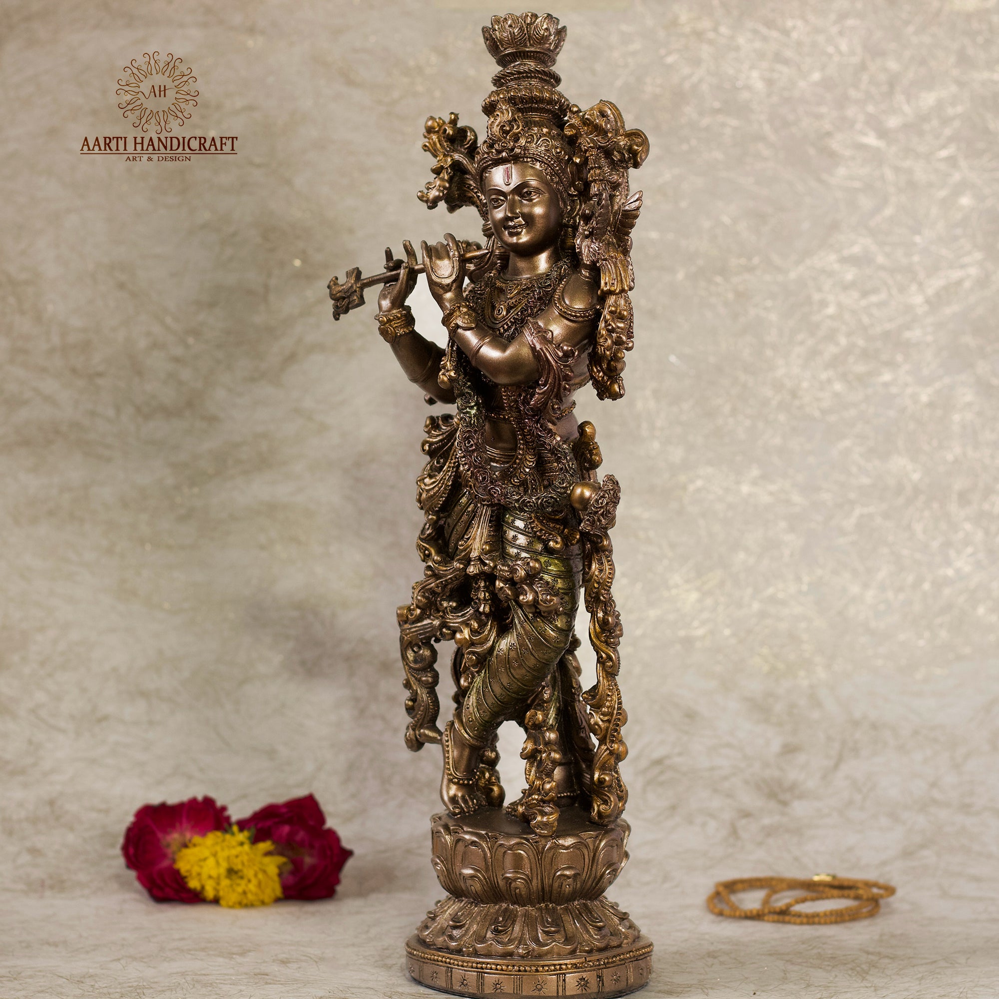 15" Attractive Shri Krishna Figurine | Copper Finish