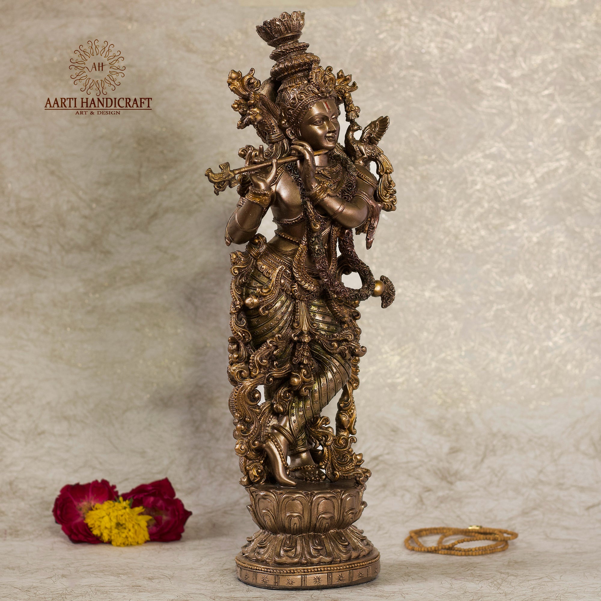 15" Attractive Shri Krishna Figurine | Copper Finish