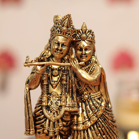 Romantic Brass Radha krishna Pair In Tribhanga Posture - Symbol of Love In 6.5 Inch