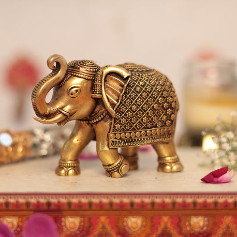 Brass Elephant with Detailed Carving In 4 Inches