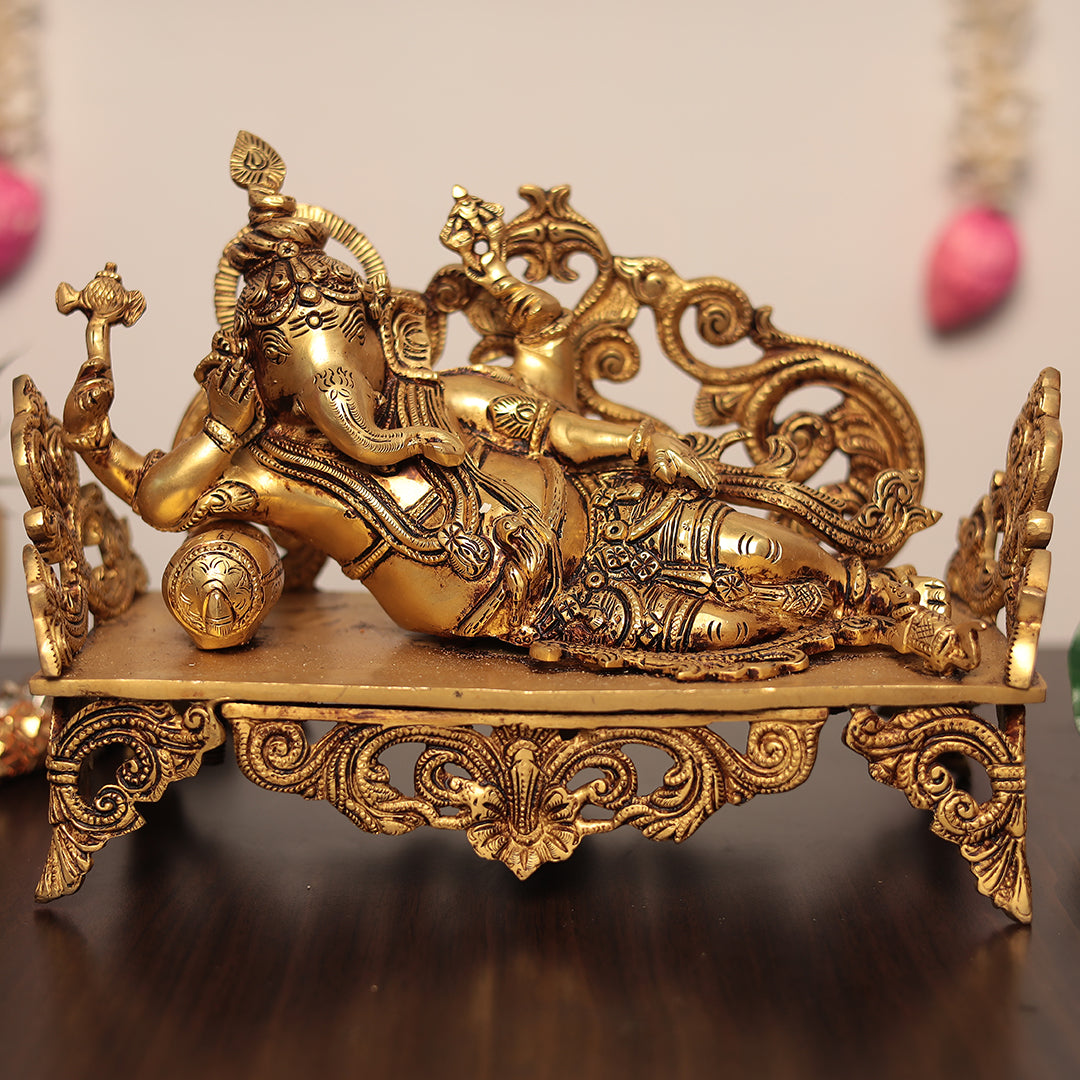Brass Reclining Seth Ganesh on Singhasan - Symbol of Prosperity, Peace, and Protection