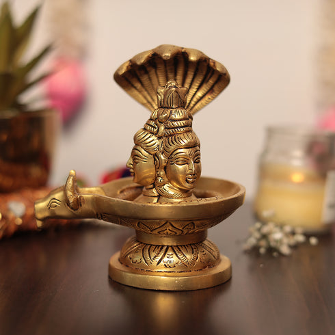 Brass Trimukhi Shivling with sheshnag in 5 Inch (13 Cm)
