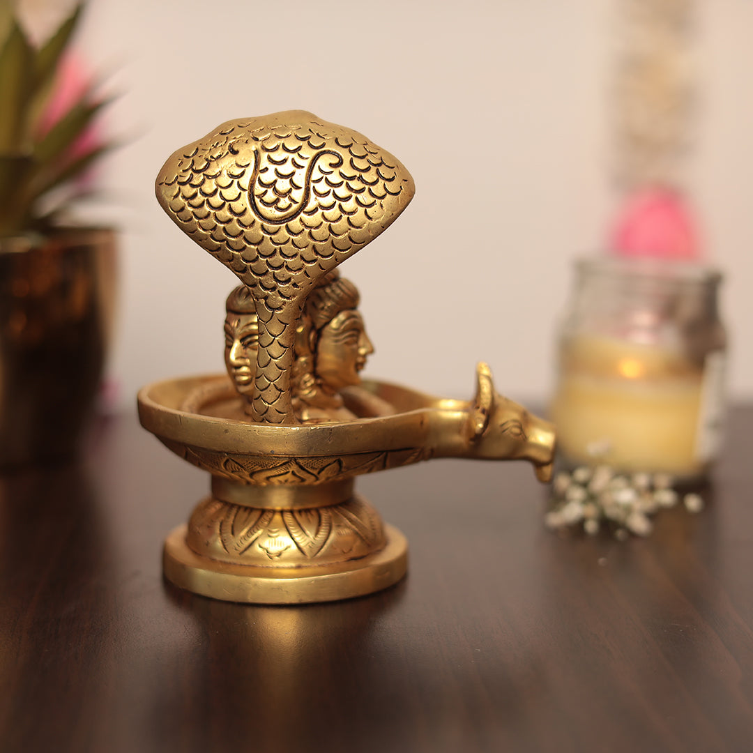 Brass Trimukhi Shivling with sheshnag in 5 Inch (13 Cm)