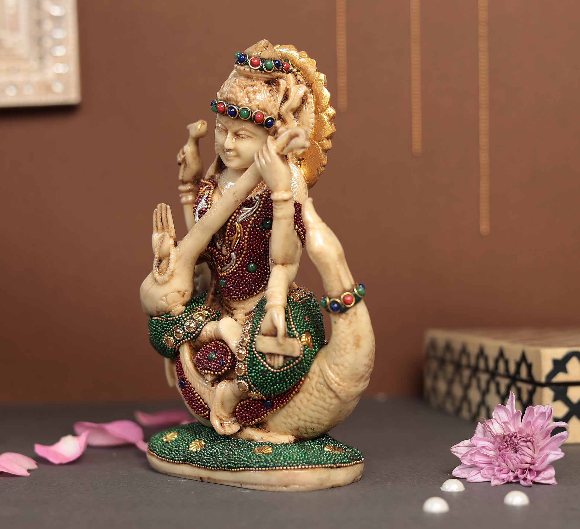 Saraswati Idol With Gem Stone Work in 8"