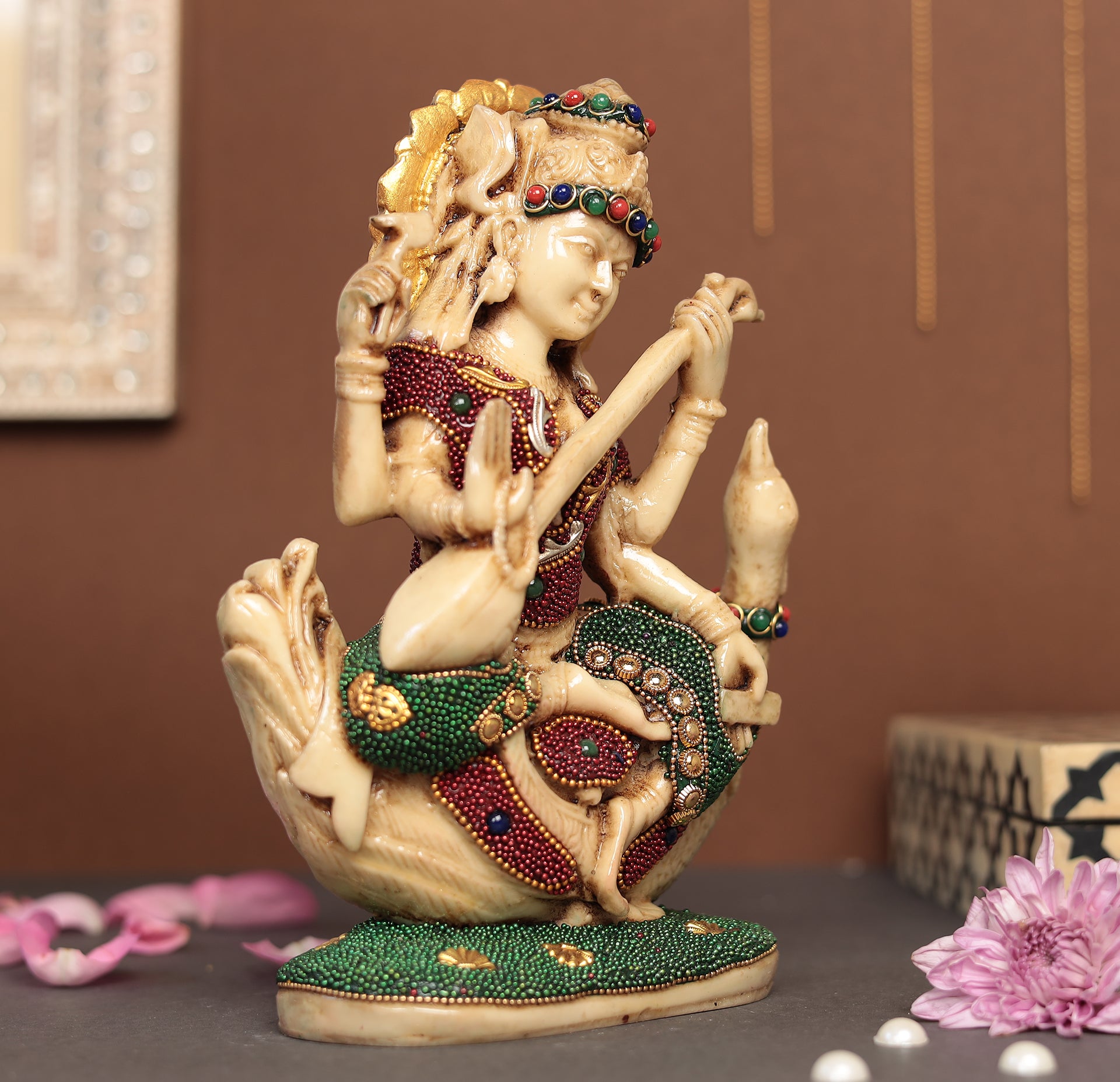 Saraswati Idol With Gem Stone Work in 8"