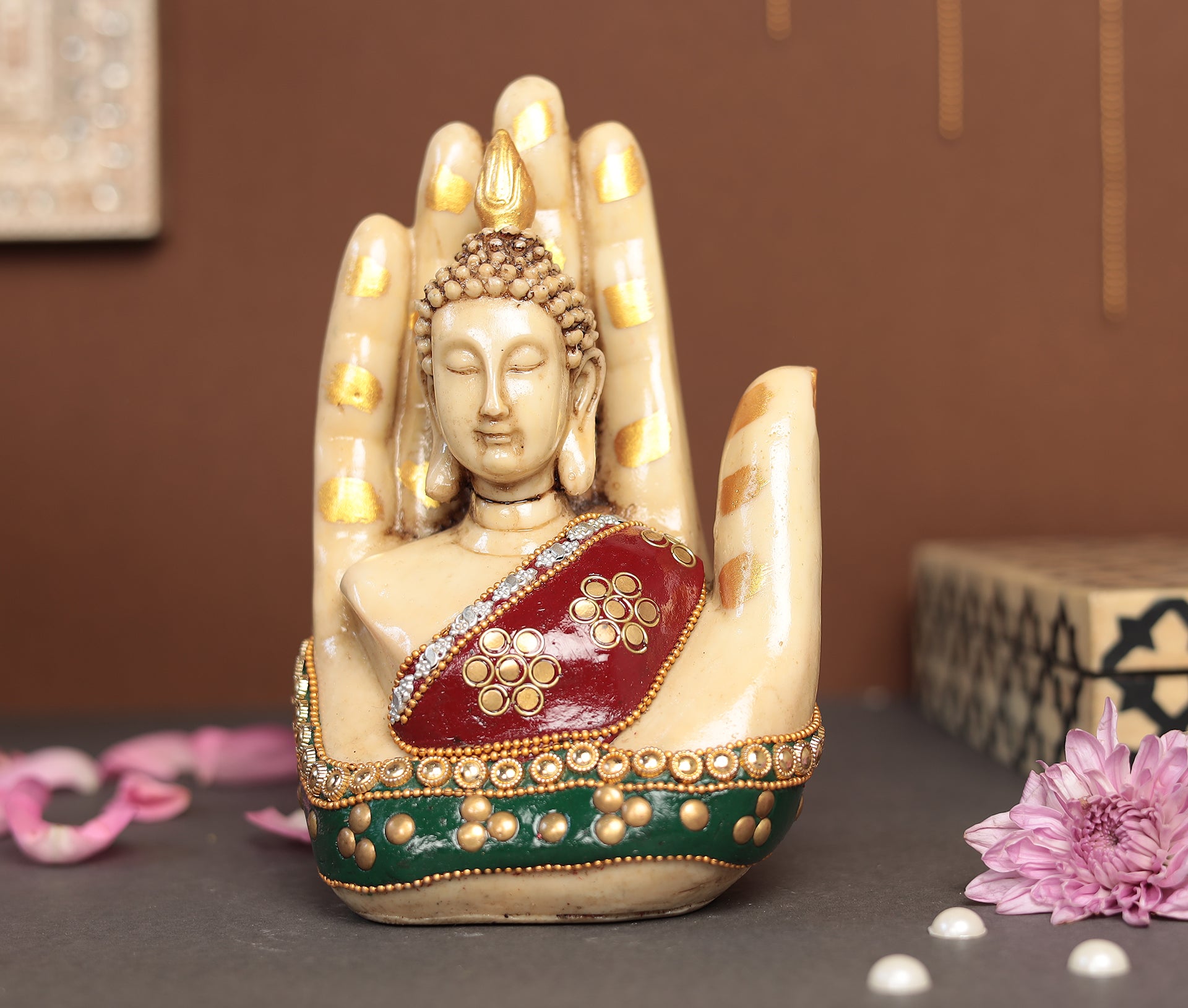 Superfine Palm Buddha With Gem Stone Work  | Resin (Marble Dust)