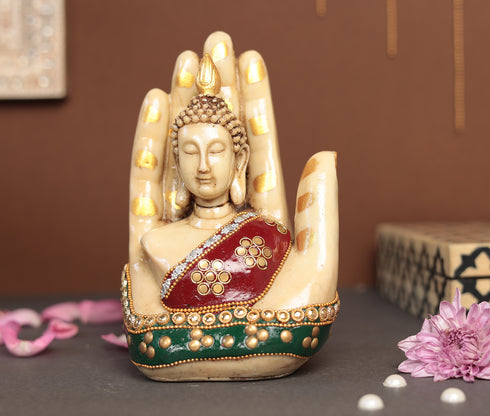Superfine Palm Buddha With Gem Stone Work | Resin (Marble Dust)