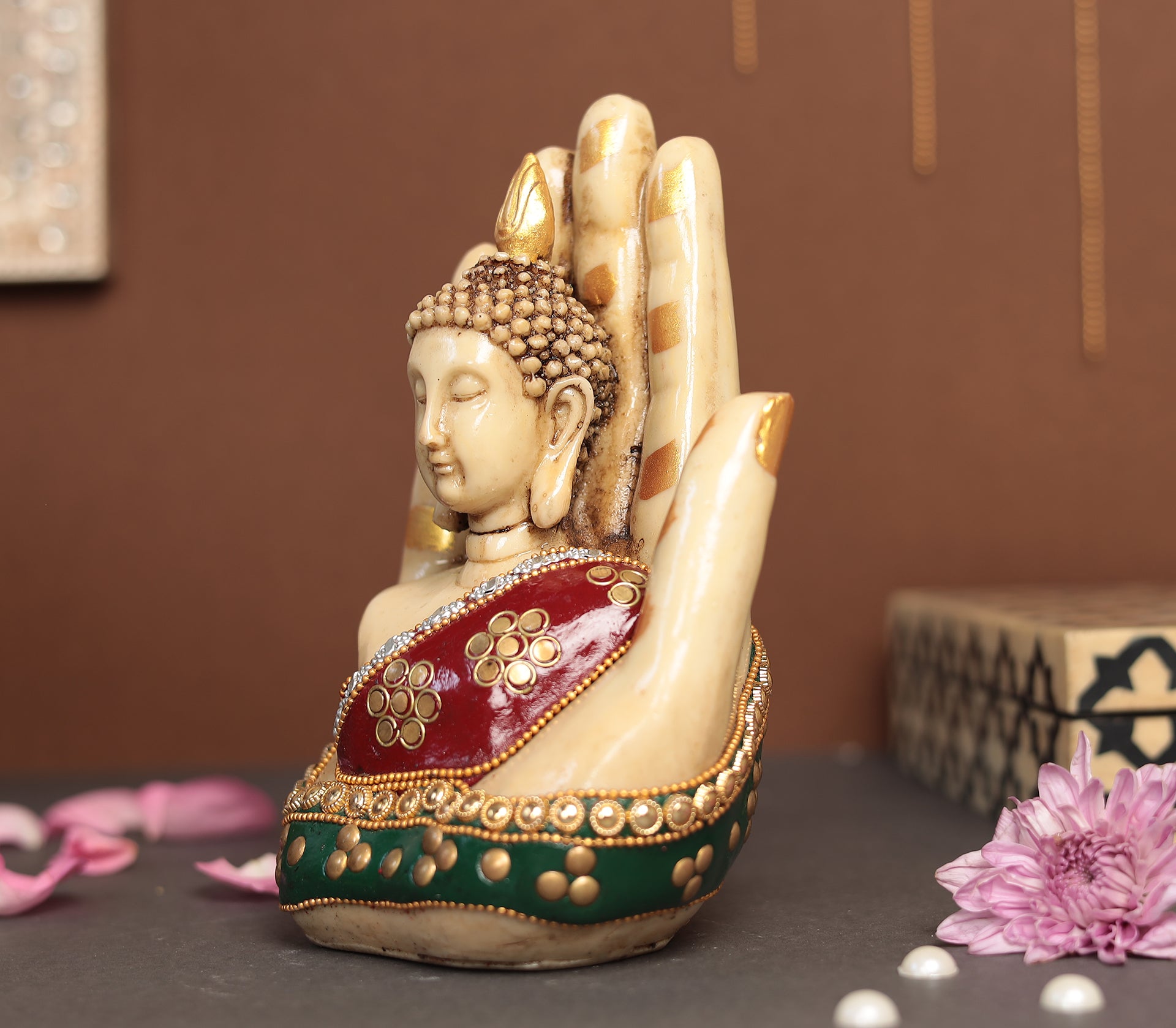 Superfine Palm Buddha With Gem Stone Work  | Resin (Marble Dust)