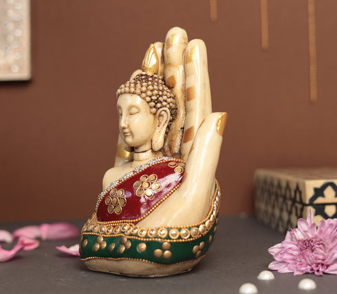 Superfine Palm Buddha With Gem Stone Work | Resin (Marble Dust)