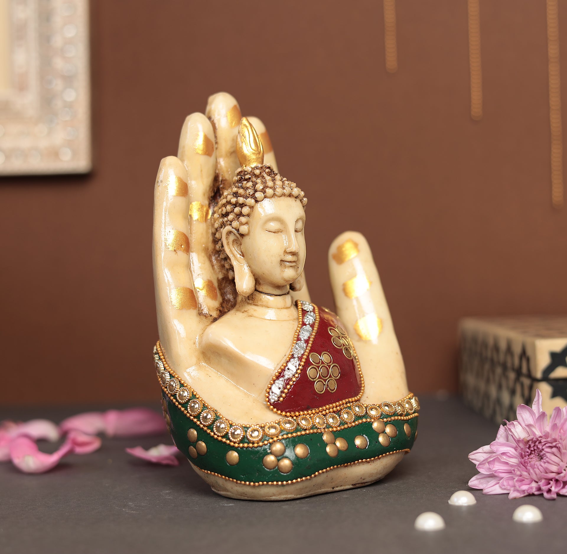 Superfine Palm Buddha With Gem Stone Work  | Resin (Marble Dust)
