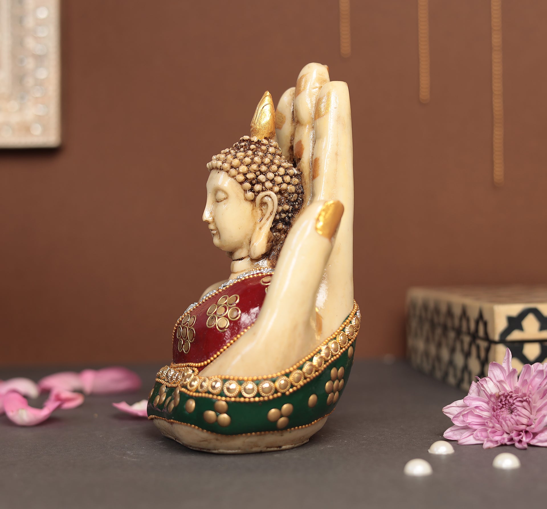 Superfine Palm Buddha With Gem Stone Work  | Resin (Marble Dust)