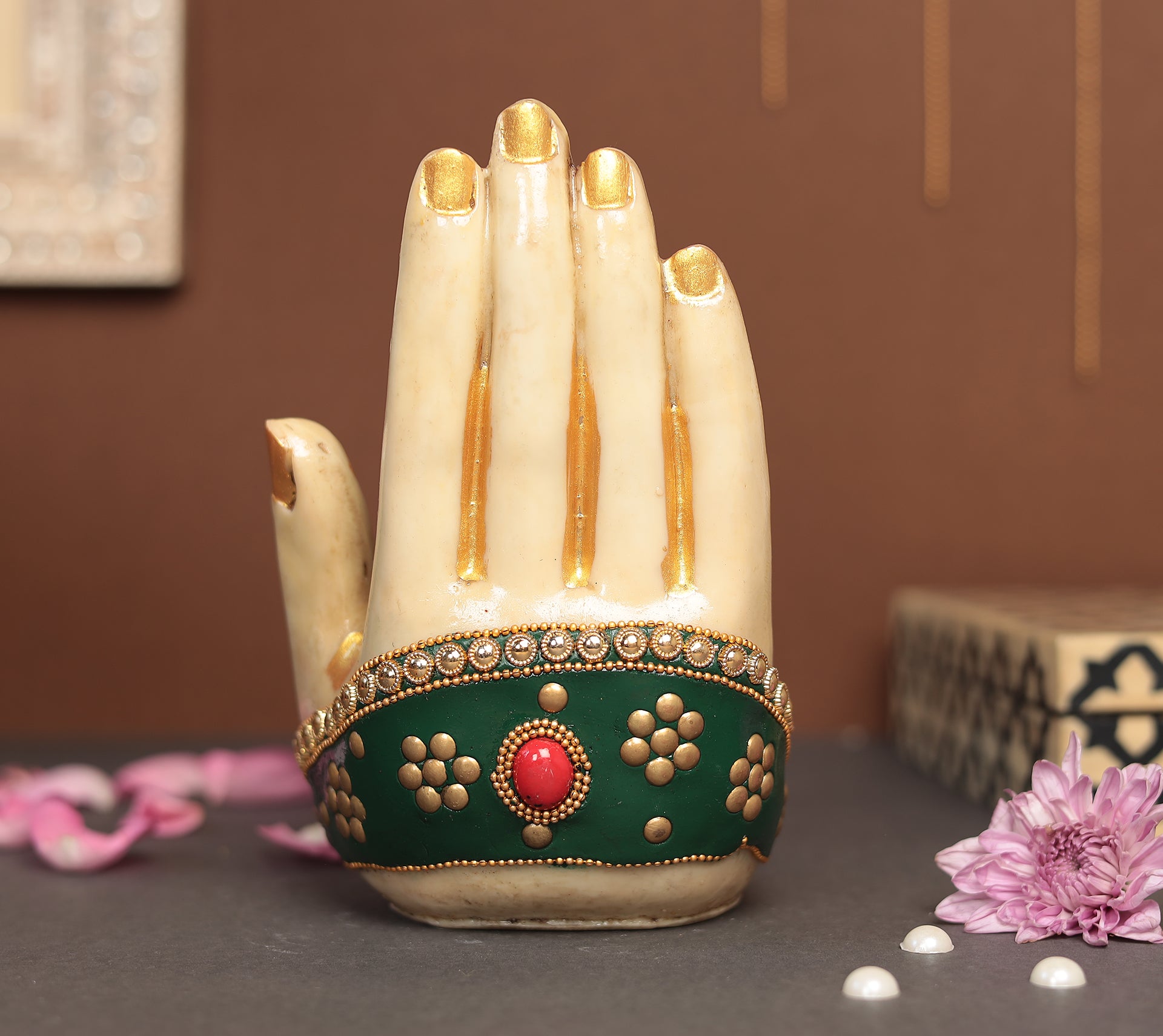 Superfine Palm Buddha With Gem Stone Work  | Resin (Marble Dust)