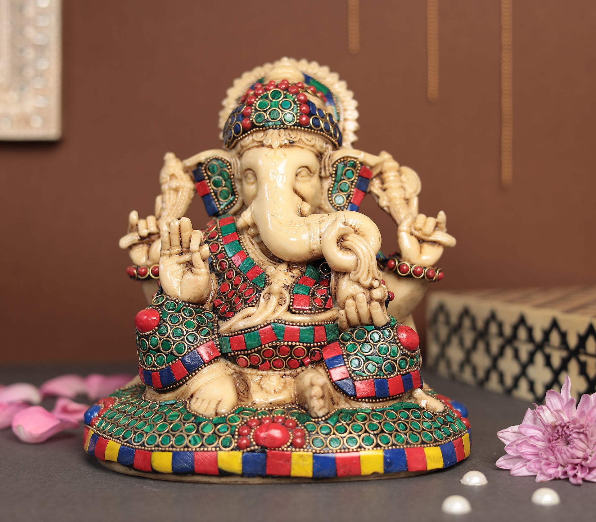 Superfine Work Ganesha Idol With Gem Stone Work | Resin (Marble Dust)
