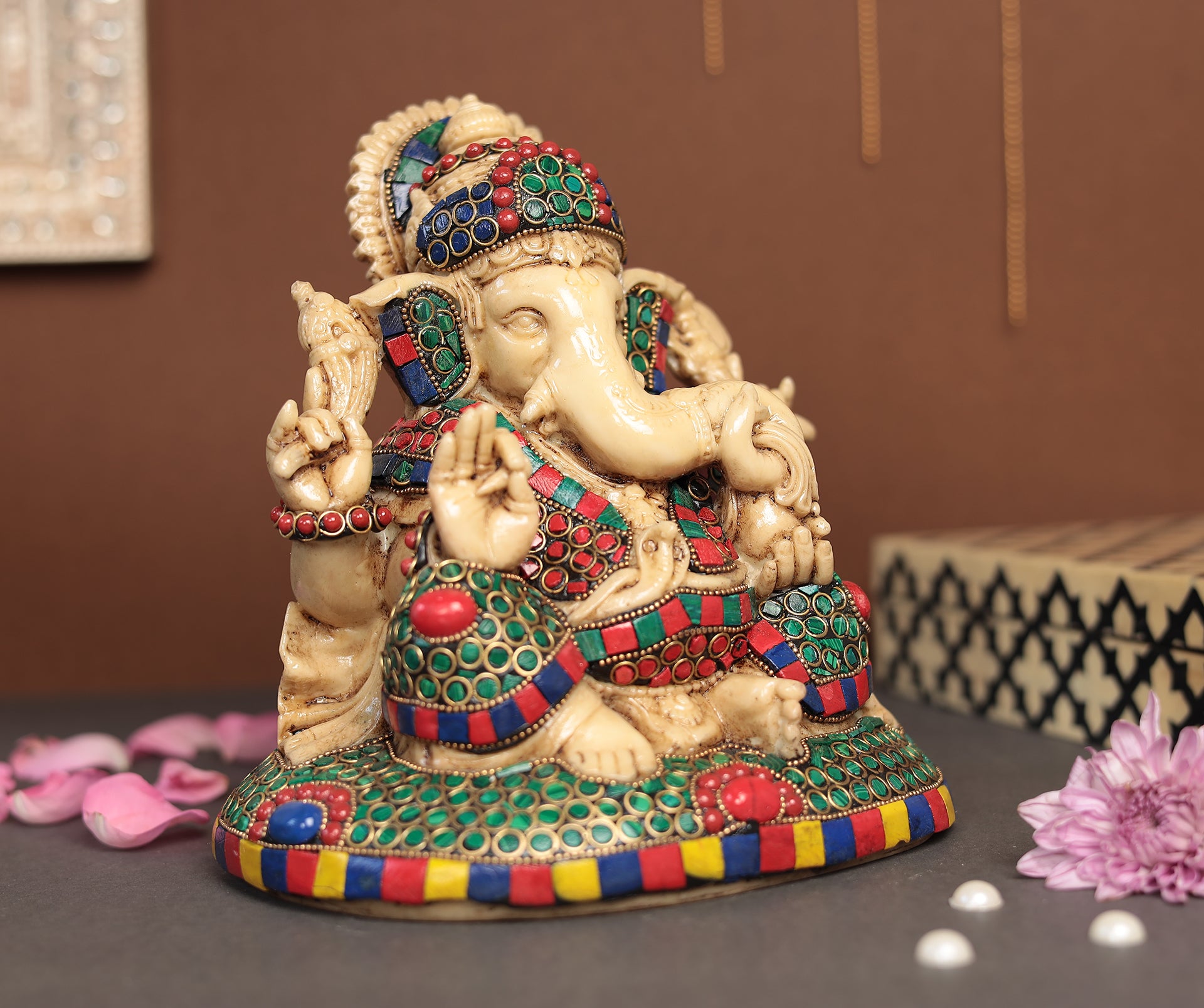 Superfine Work Ganesha Idol With Gem Stone Work | Resin (Marble Dust)