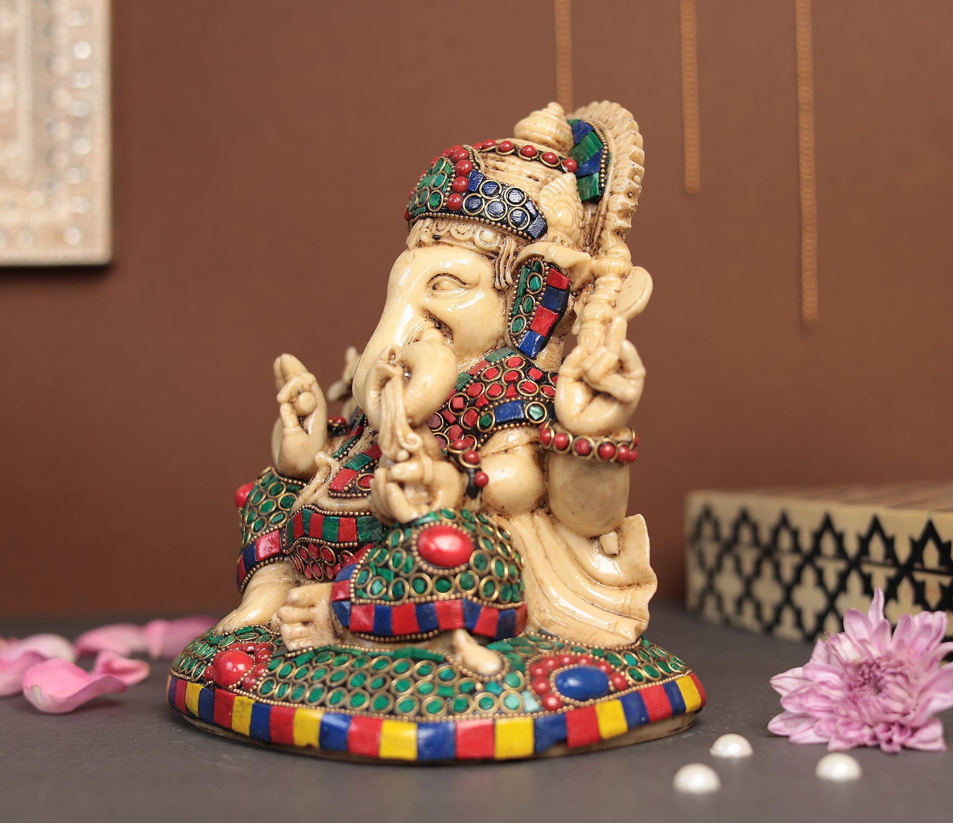Superfine Work Ganesha Idol With Gem Stone Work | Resin (Marble Dust)
