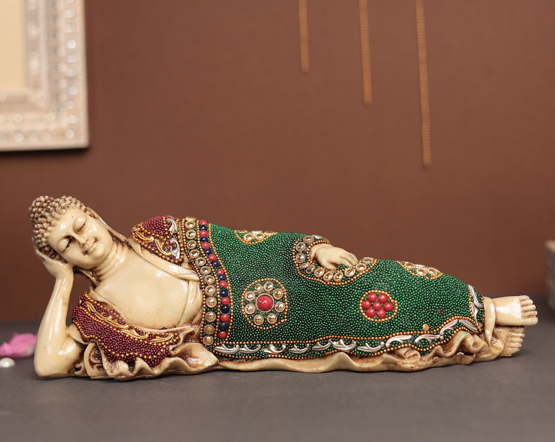 Antique Sleeping/Reclining Buddha Idol Promoting Inner Peace | Resin (Marble Dust)