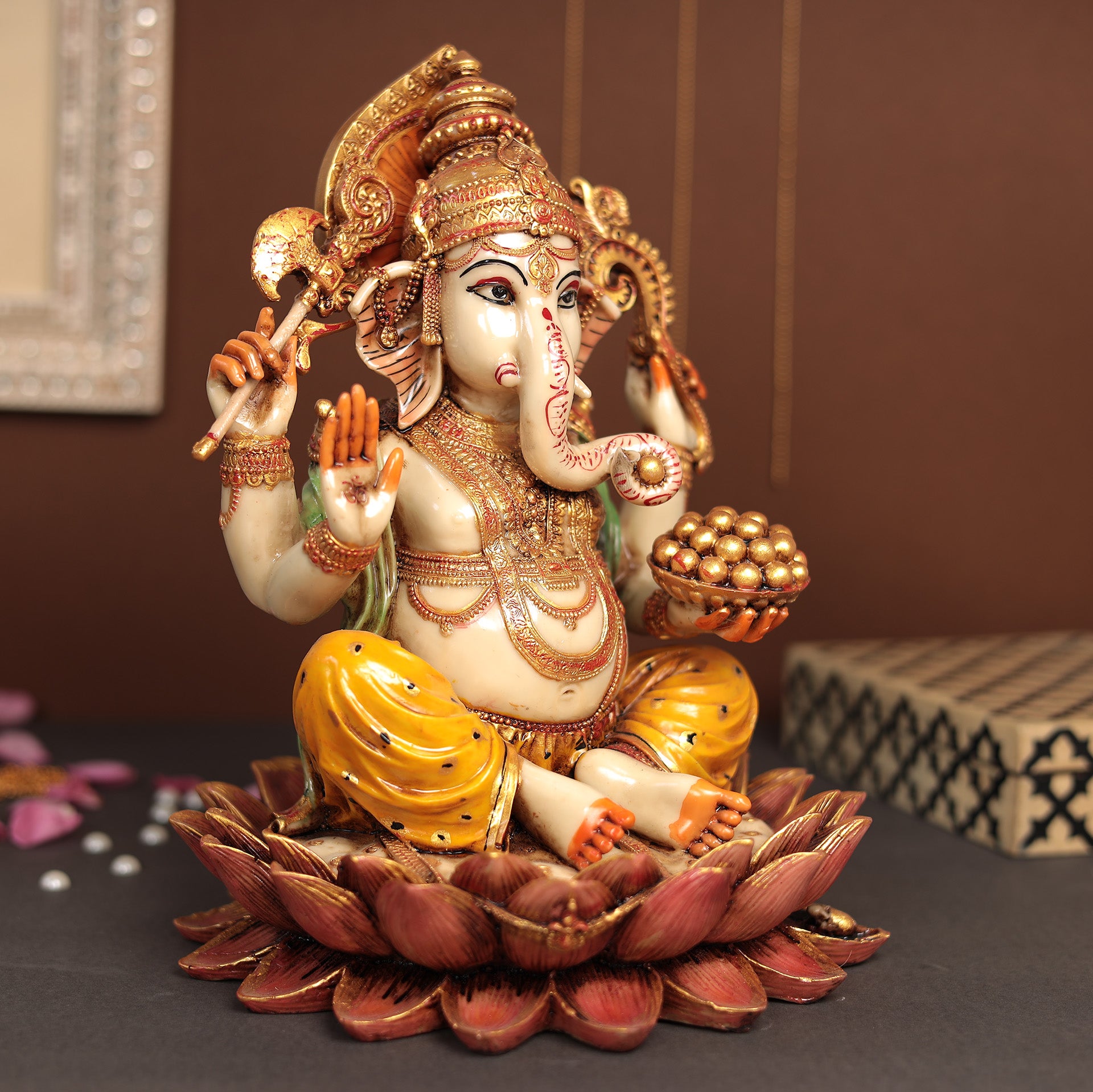 Hand Painted Lotus Ganesha Idol In 12"
