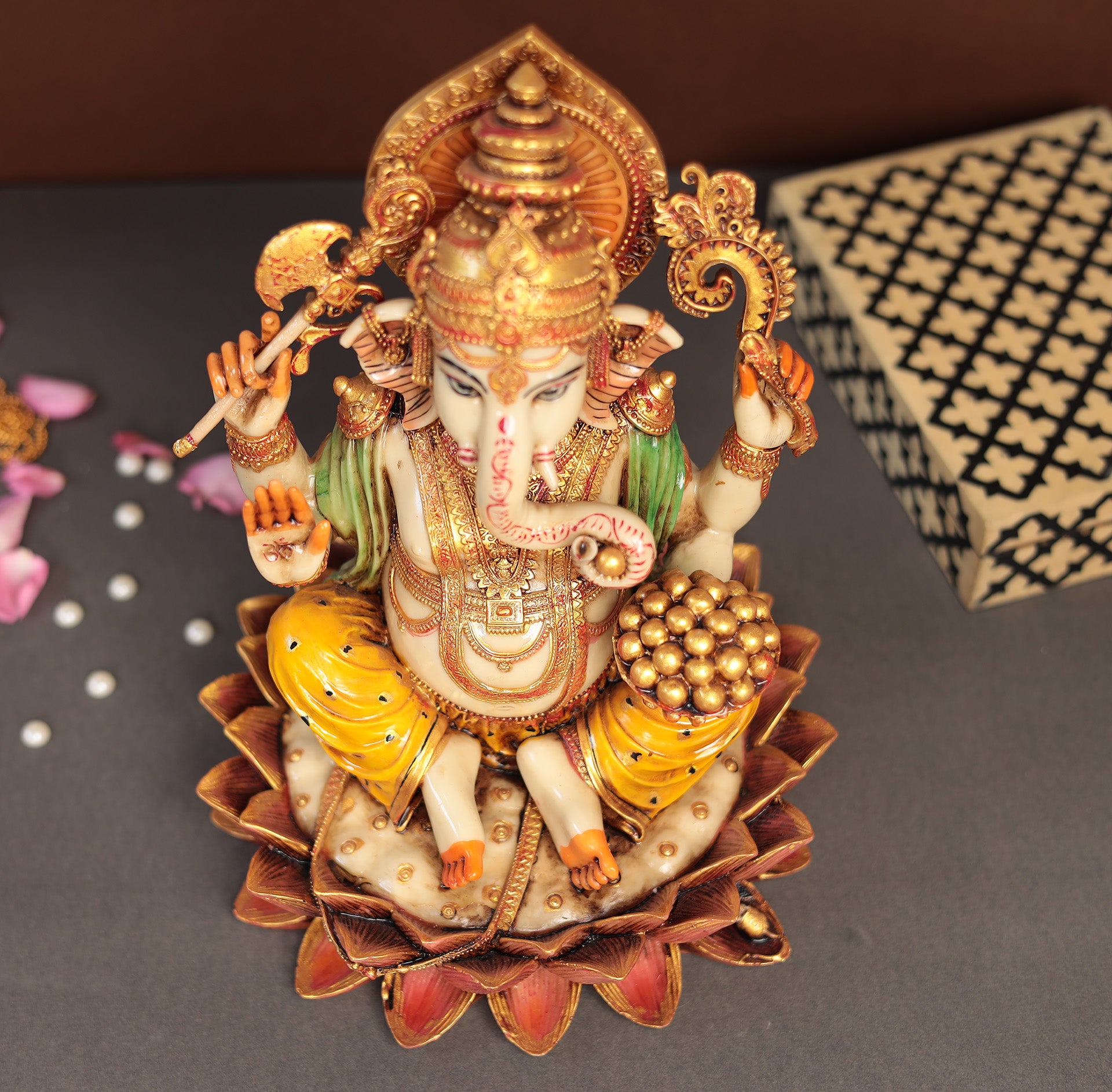 Hand Painted Lotus Ganesha Idol In 12"