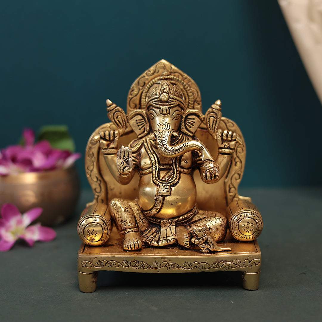 Brass Lord Ganesha Sitting On Singhasan in 8 Inches (20.32 Cm)