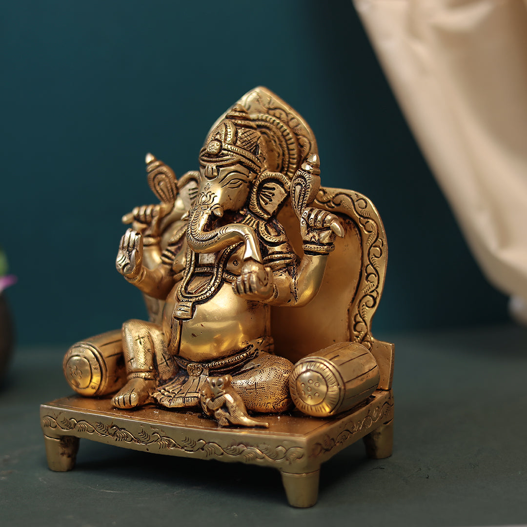 Brass Lord Ganesha Sitting On Singhasan in 8 Inches (20.32 Cm)