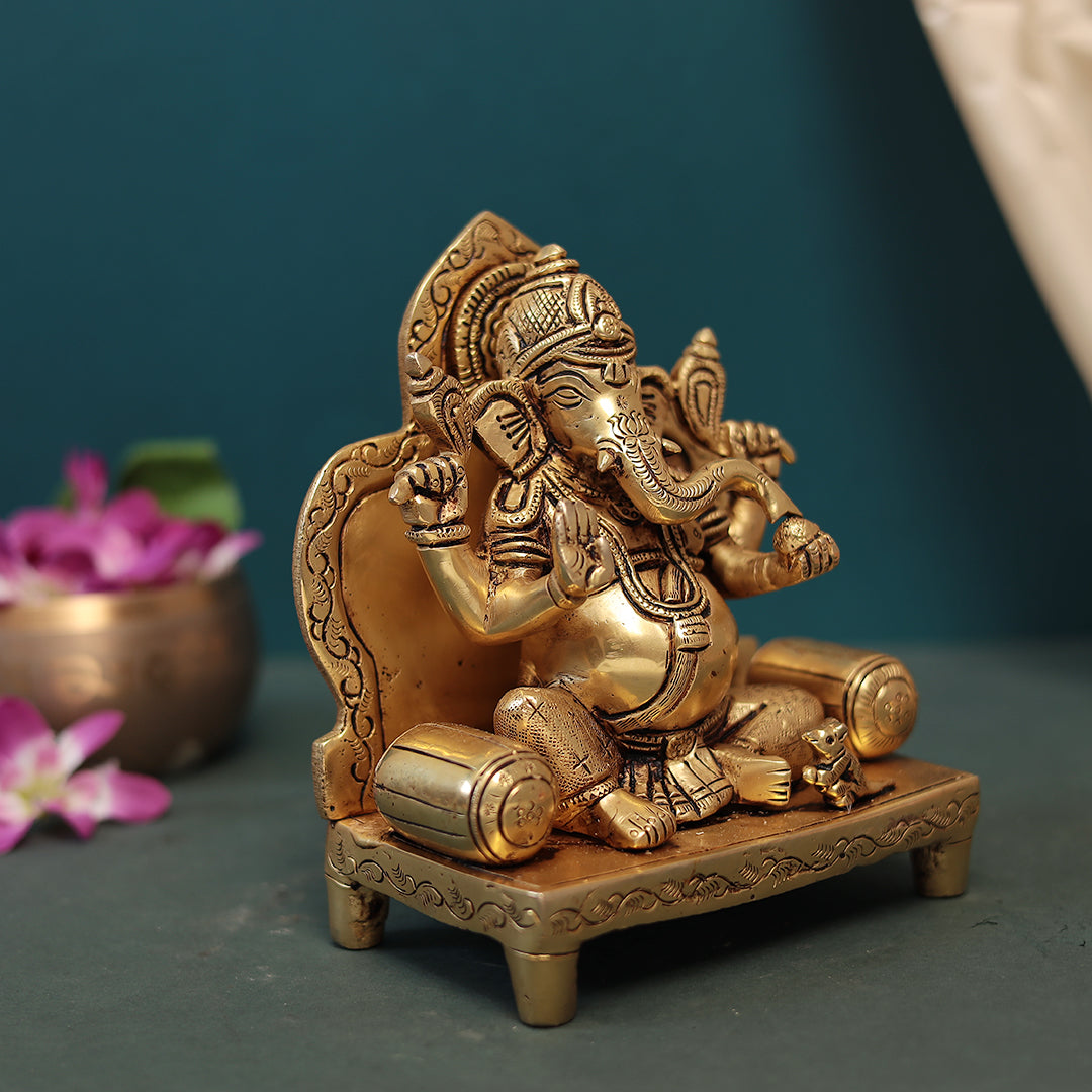 Brass Lord Ganesha Sitting On Singhasan in 8 Inches (20.32 Cm)