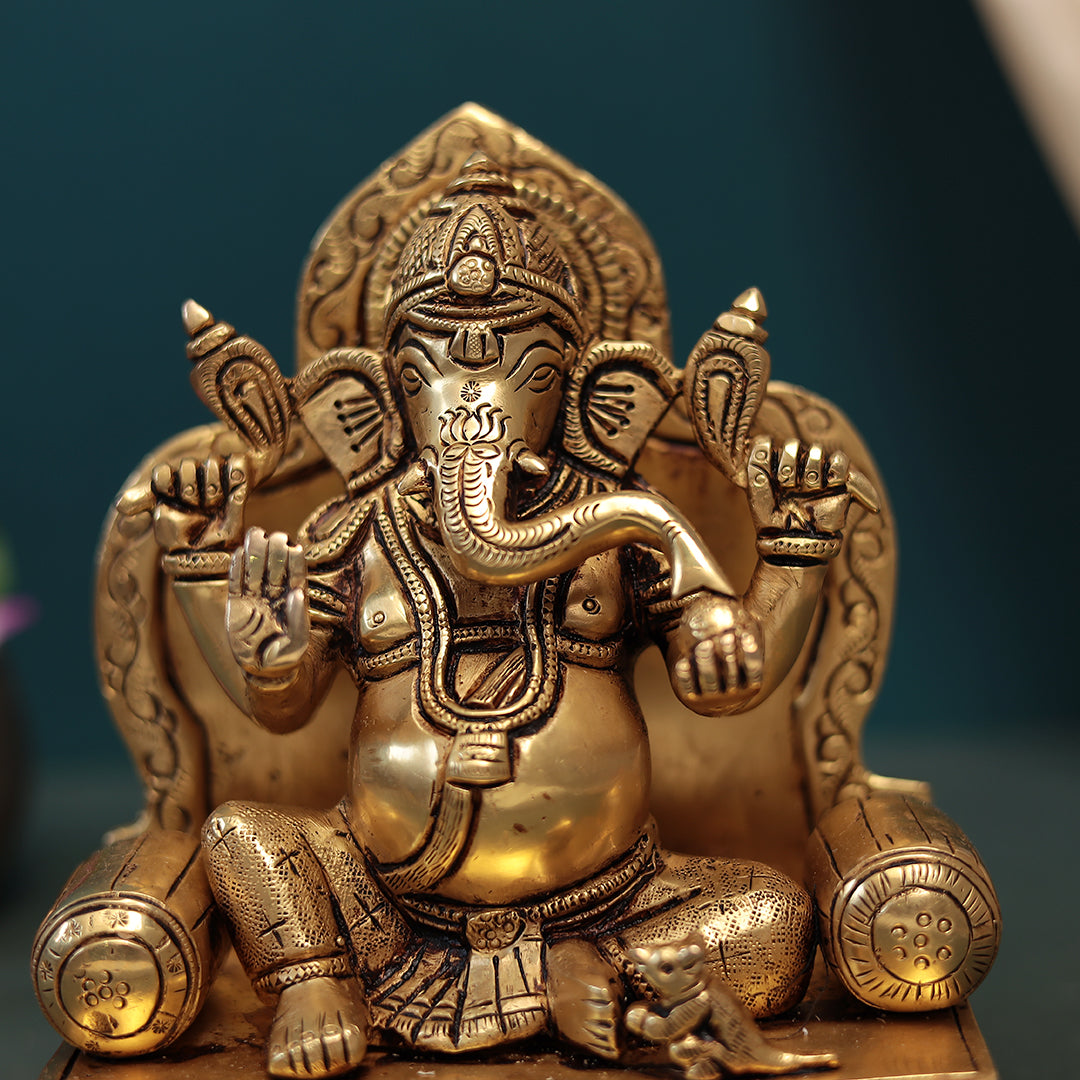 Brass Lord Ganesha Sitting On Singhasan in 8 Inches (20.32 Cm)