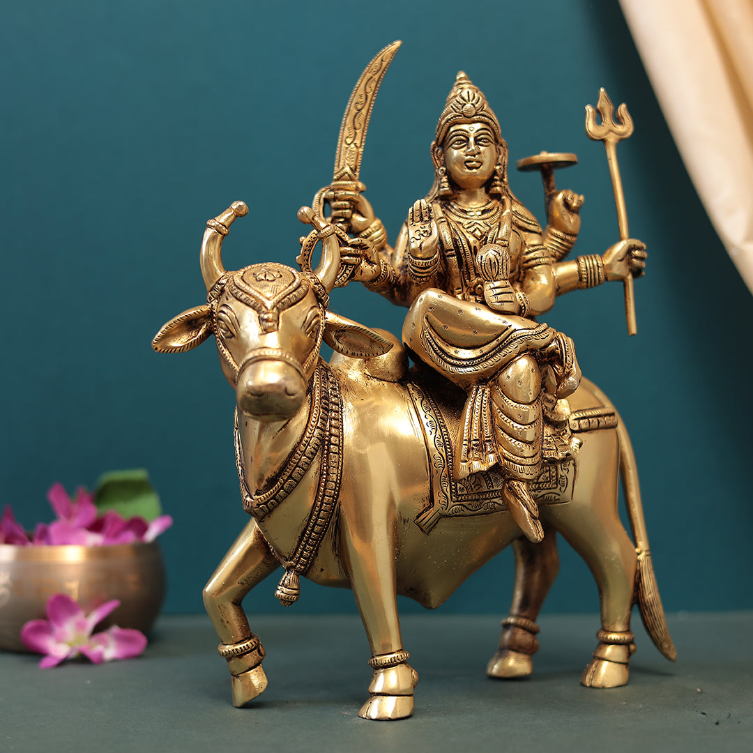 Brass Goddess Durga Seated On Cow In 13 Inches (33 Cm)
