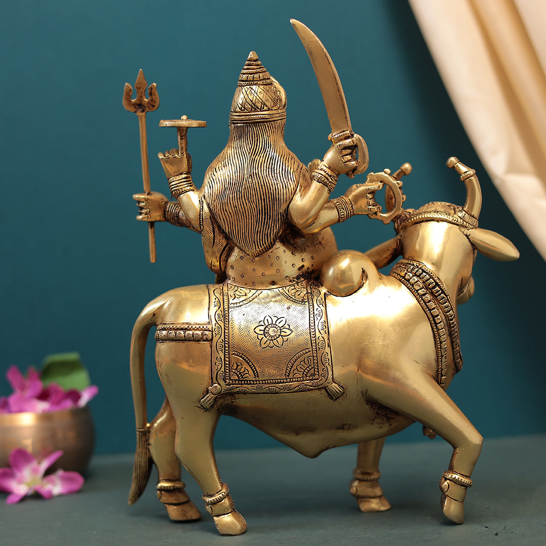 Brass Goddess Durga Seated On Cow In 13 Inches (33 Cm)