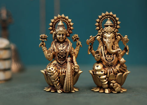 Superfine Antique Brass Lakshmi Ganesh Pair In 4 Inches