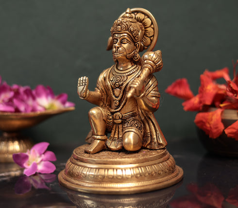 Brass Lord Hanuman Seated In Abhay Mudra In Brass 7 inches