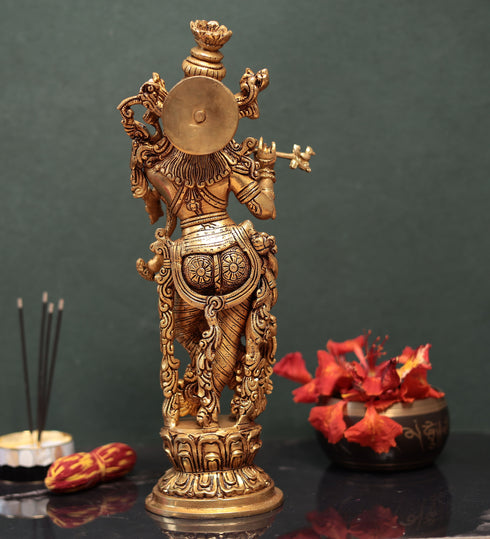 Lord Krishna Playing Flute In Brass In 15 Inches
