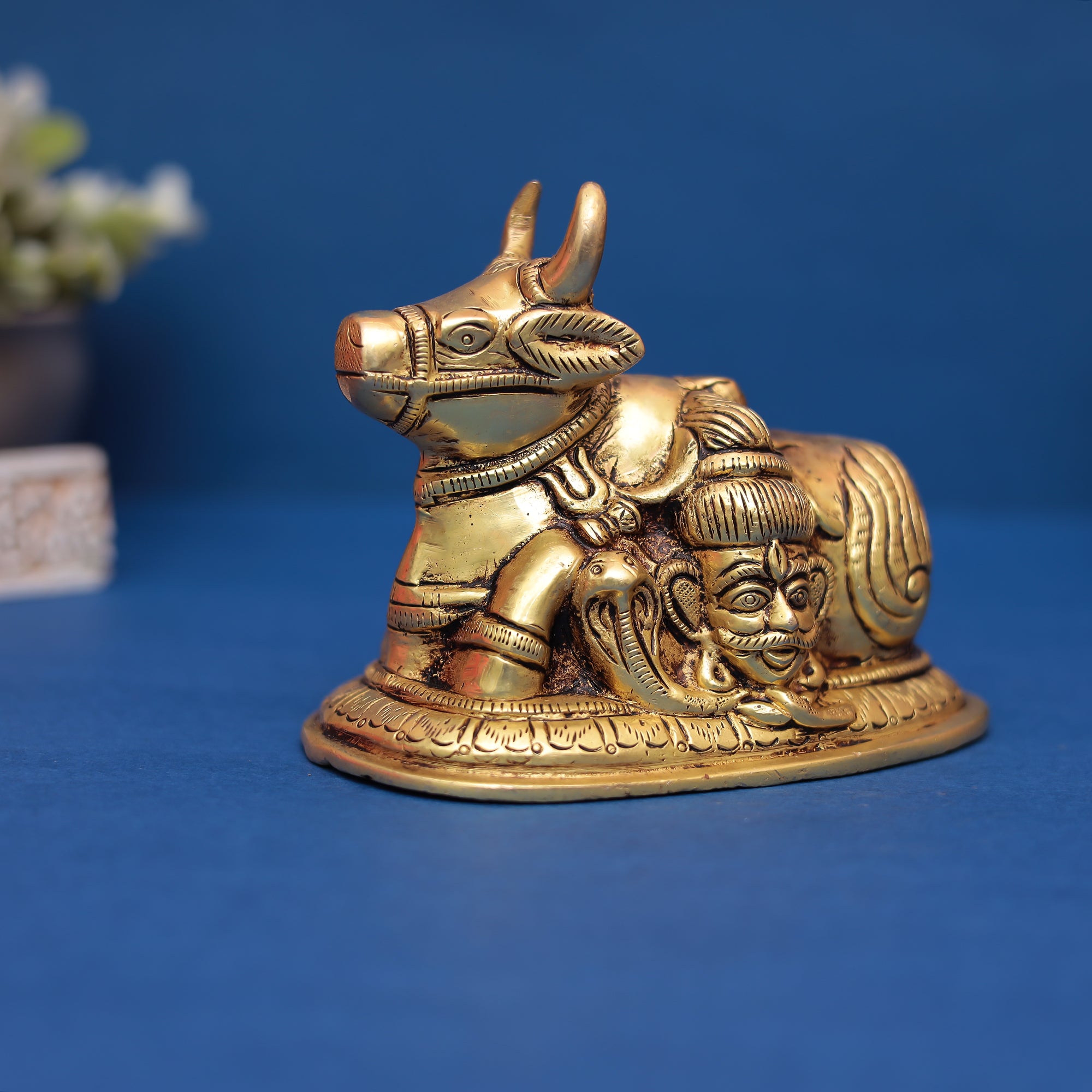 Premium Brass Nandi Idol Featuring Shiva Face Carving in 4 inches