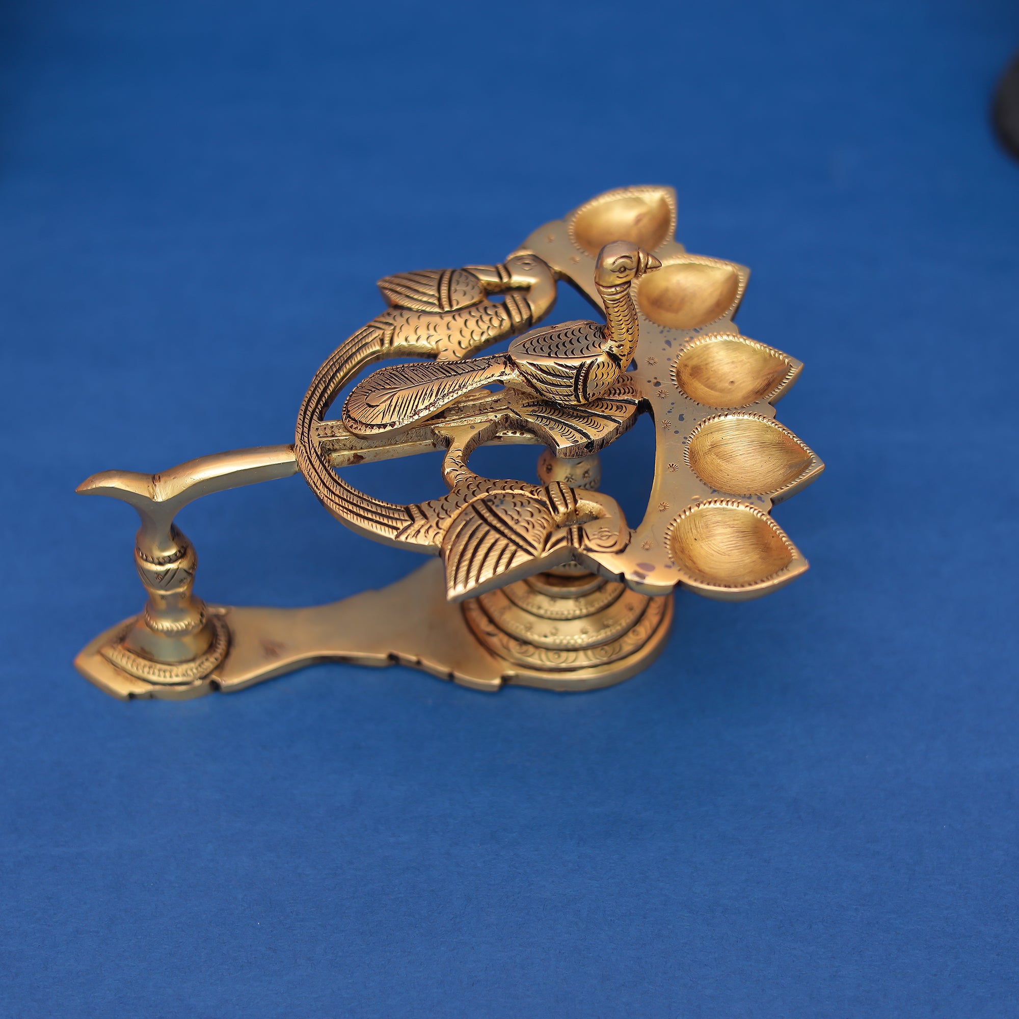 Brass Panch Aarti Diya with Peacock in 5"inch