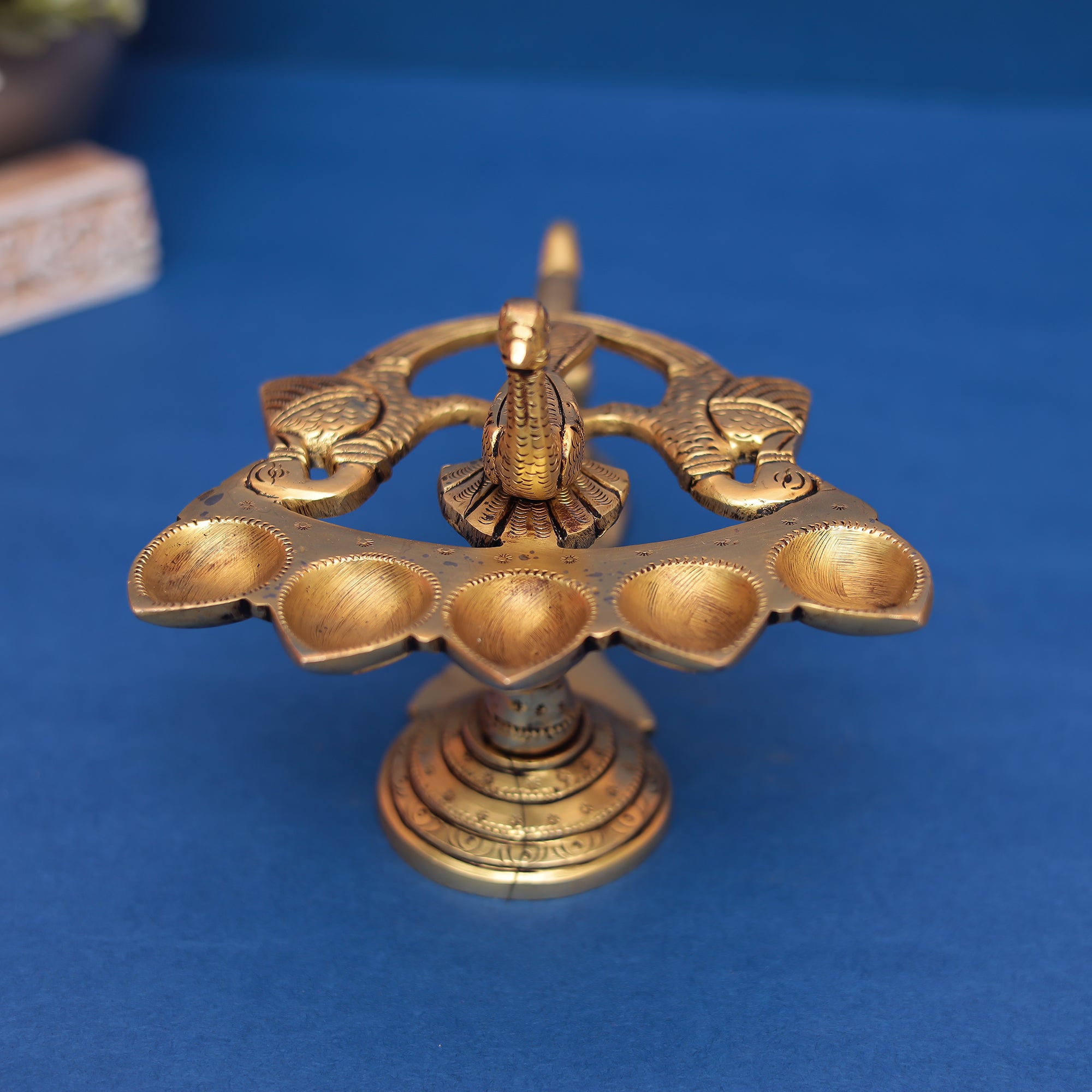 Brass Panch Aarti Diya with Peacock in 5"inch