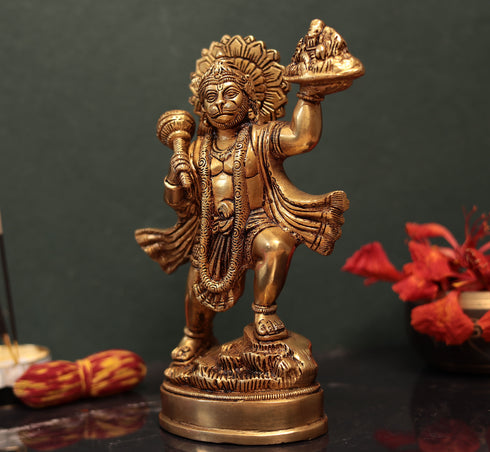 Lord Hanuman Carrying Mountain Of Sanjeevani Herbs Idol In 9.5 Inches | Brass