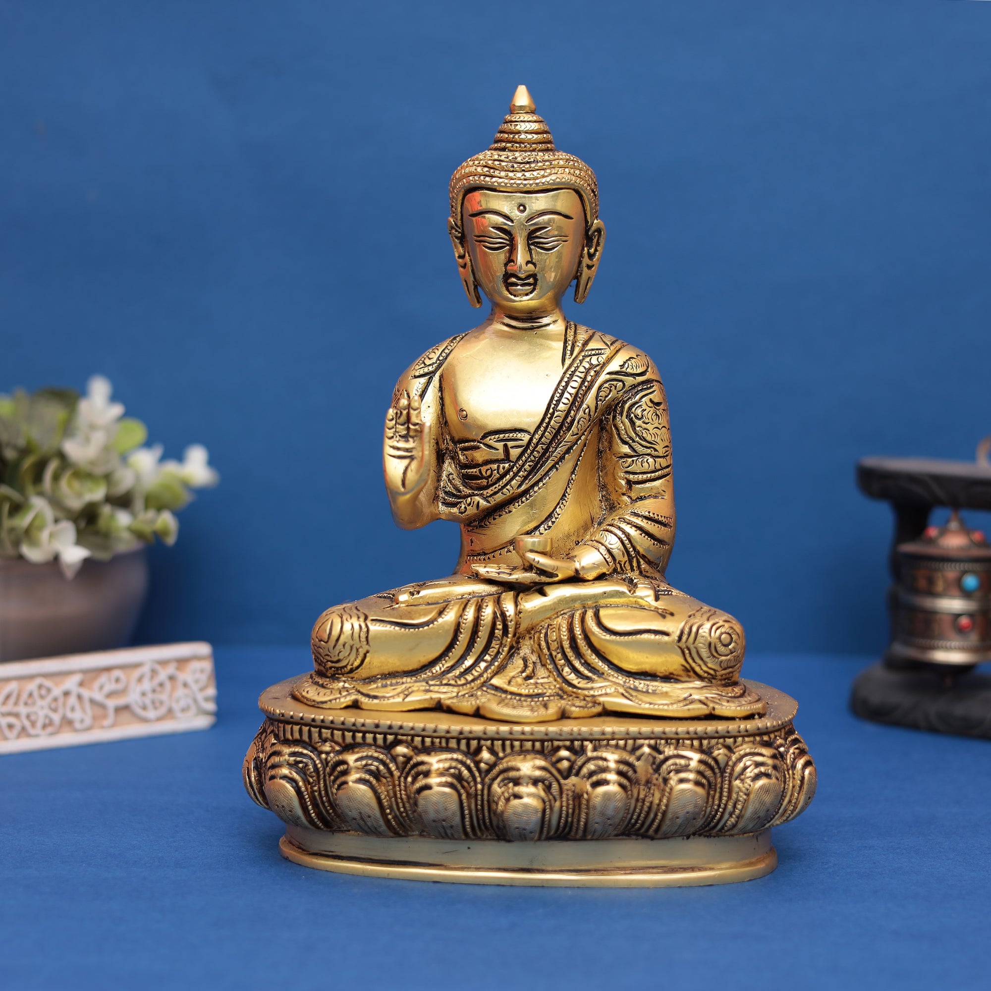 Buddha Brass Statue with Mythological Impressions 10" INCH