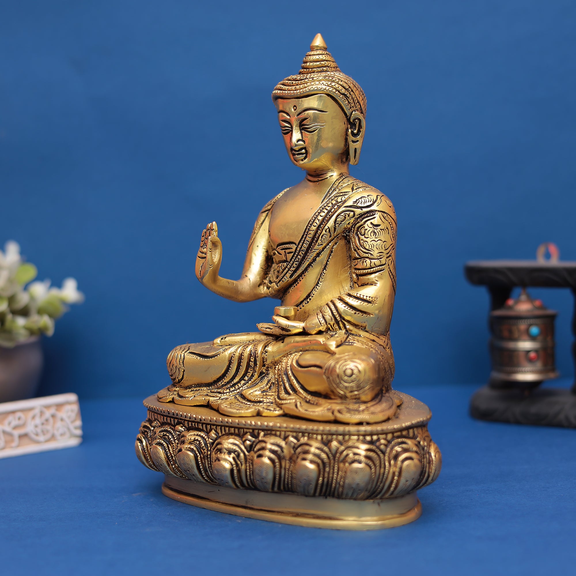 Buddha Brass Statue with Mythological Impressions 10" INCH