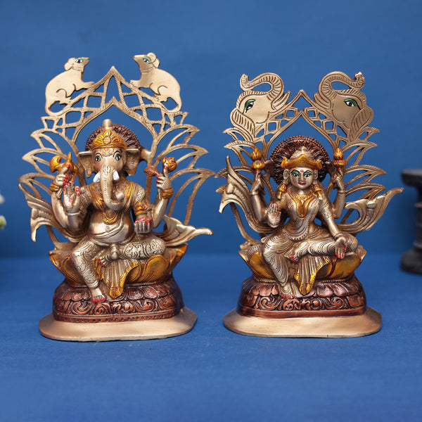Brass Colorful Ganesha Lakshmi Idol for Home Temple Décor 9" INCH