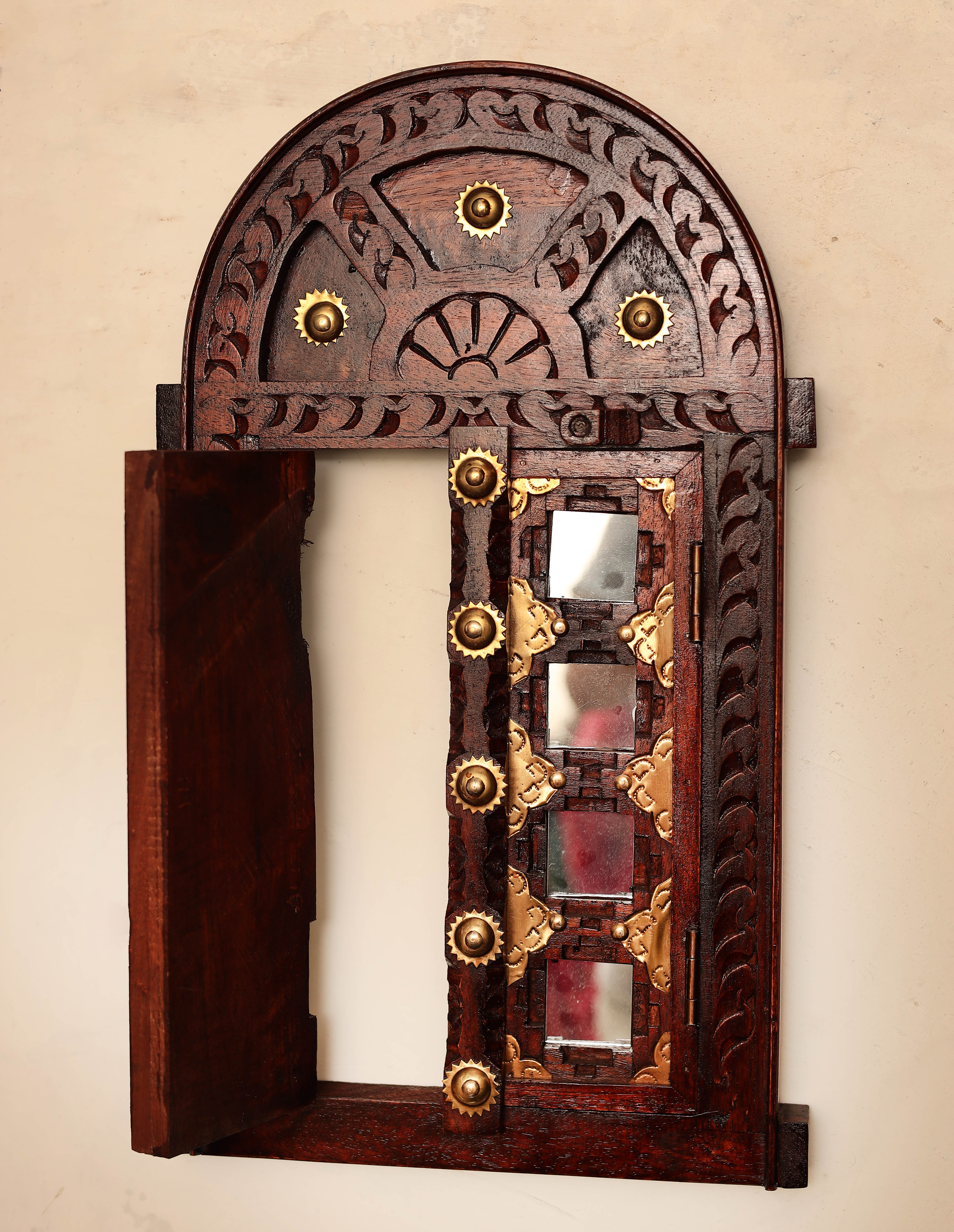 Wall Hanging Hand Carved Wooden Vintage Winndow/Jharokha, Brass Inlaid antique Furniture